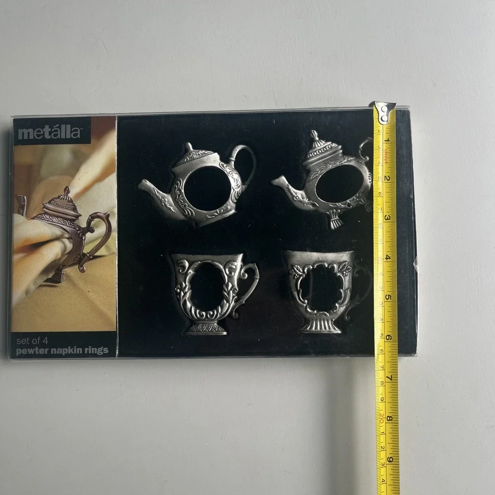 Set Of 4 Metalla Silver Tone Metal Pewter Tea Pot Tea Cup Napkin Rings With Box